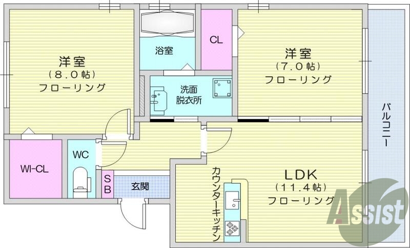 2LDK、南向き、バス・トイレ別、エアコン、バルコニー