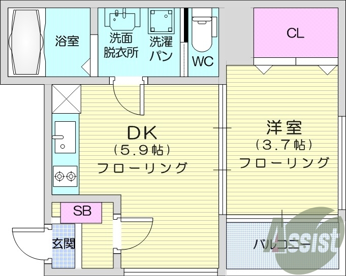 1DK、独立洗面台、システムキッチン、ウォシュレット