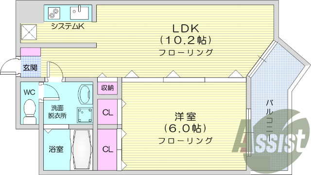 1LDK、バストイレ別、温水洗浄便座、エアコン付き