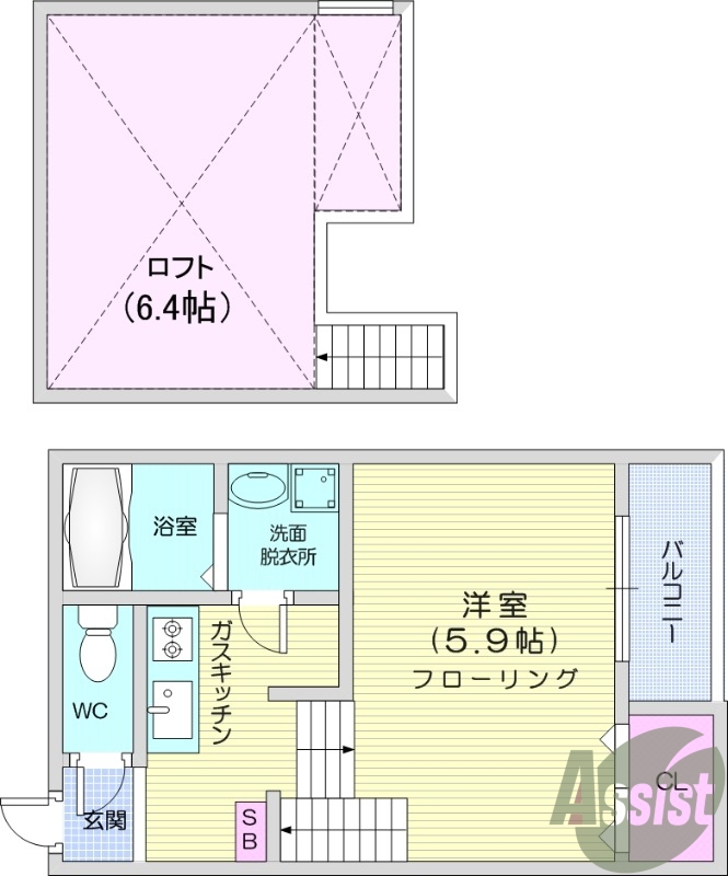 1K、ロフト、シーリングファン、バルコニー。