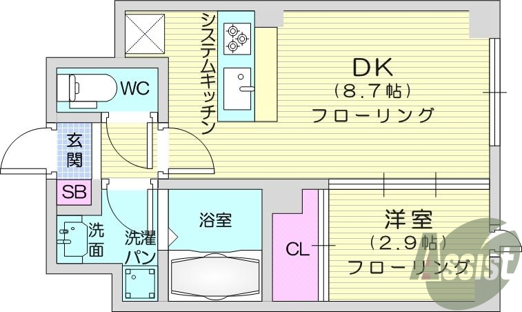 1DK、バストイレ別、浴室乾燥機、システムキッチン