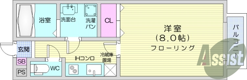 1K、クローゼット、バルコニー、脱衣所、バストイレ別