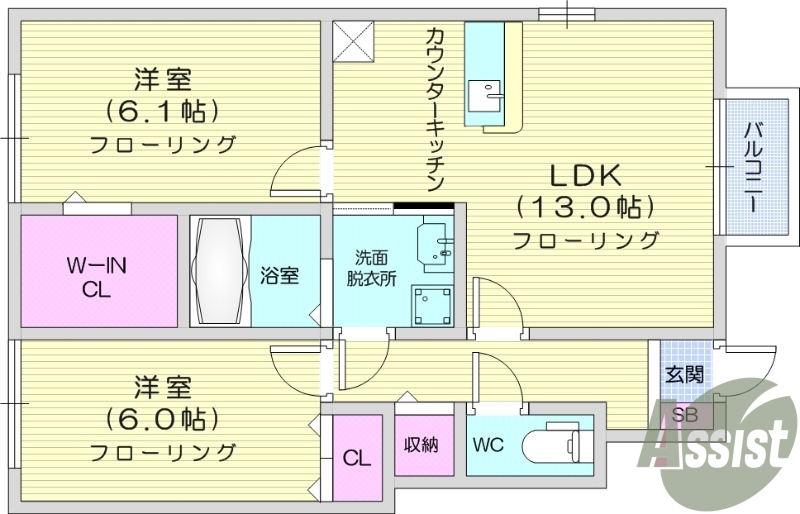 2LDK、独立洗面化粧台、ウォークインクローゼット