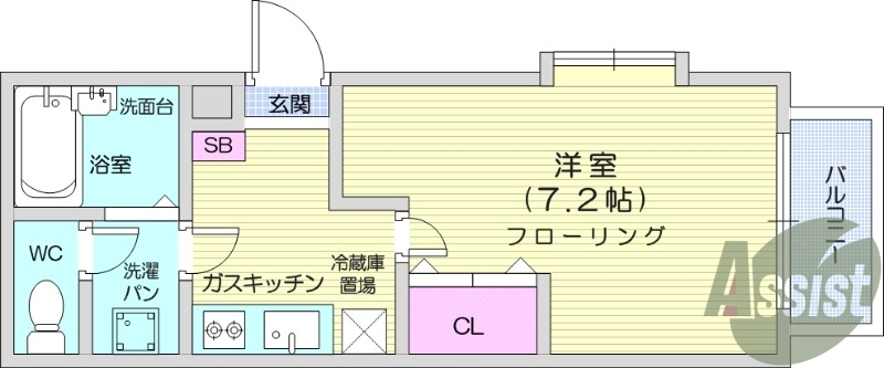 1K、バス・トイレ別、エアコン付き。