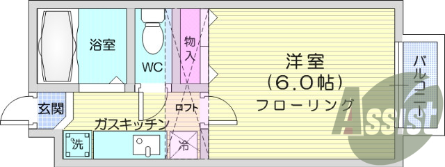 1K、ロフト、フローリング、ネット無料、バストイレ別