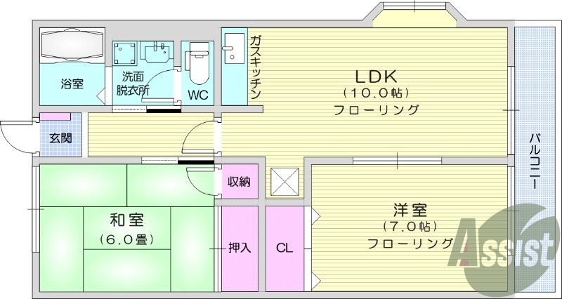 2LDK、追い焚き、洗面化粧台、南向き、エアコン