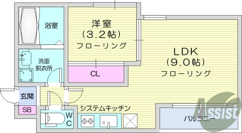 1LDK、システムキッチン、エアコン、浴室乾燥機