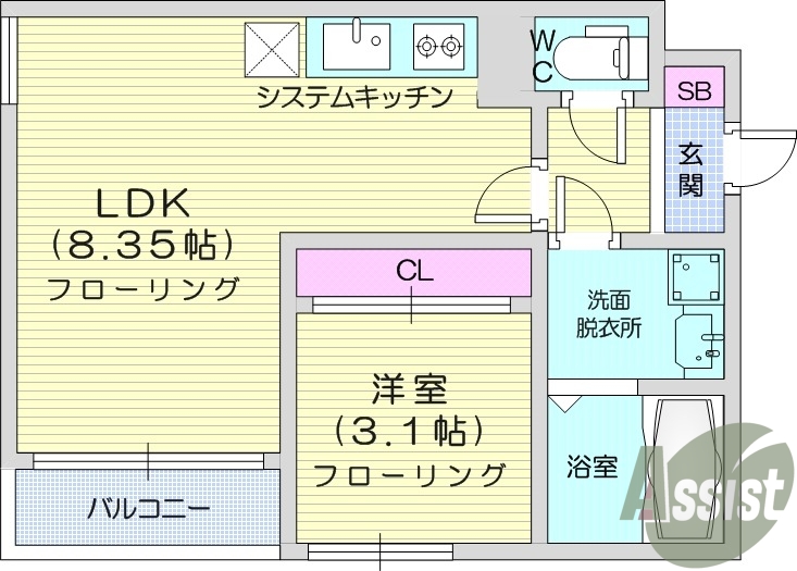1LDK、システムキッチン、エアコン、浴室乾燥機