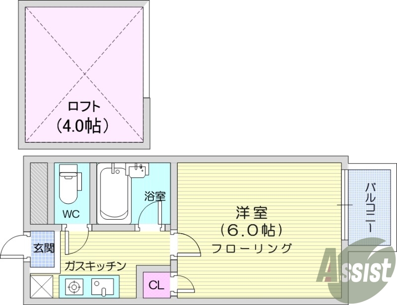 １K、エアコン、ロフト、フローリング、バストイレ別