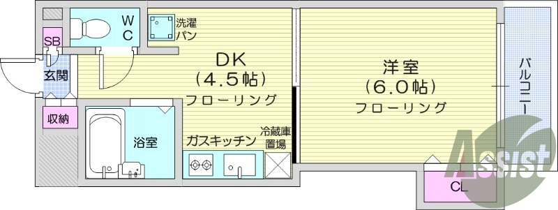 1DK、都市ガス、バストイレ別、エアコン