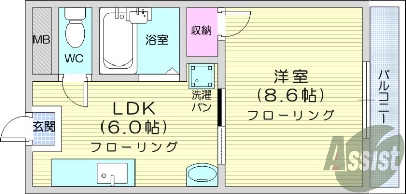 1DK、エアコン、洗面化粧台、室内洗濯機置場。