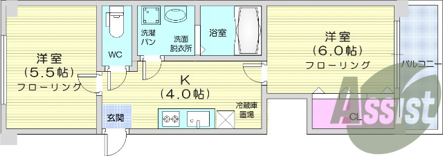 2K、独立洗面台、クローゼット、エアコン、システムキッチン