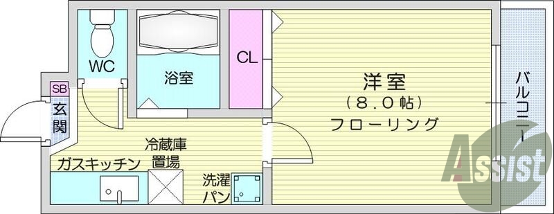 1K、バストイレ別、フローリング、室内洗濯機置場、エアコン