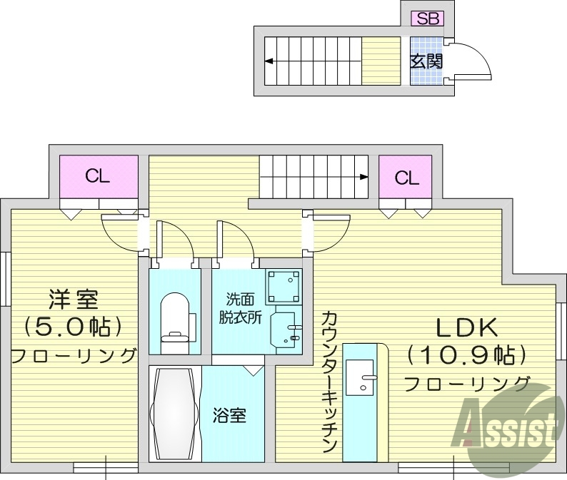 1LDＫ、バストイレ別、エアコン、室内洗濯機置場