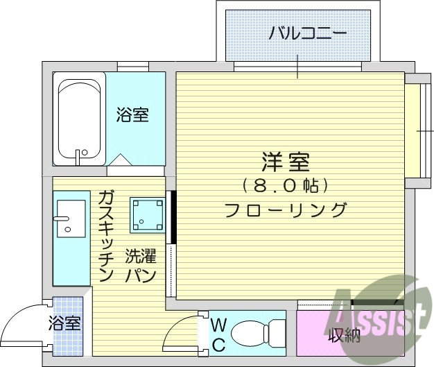 1DK、追い焚き機能、室内洗濯機置場、都市ガス。