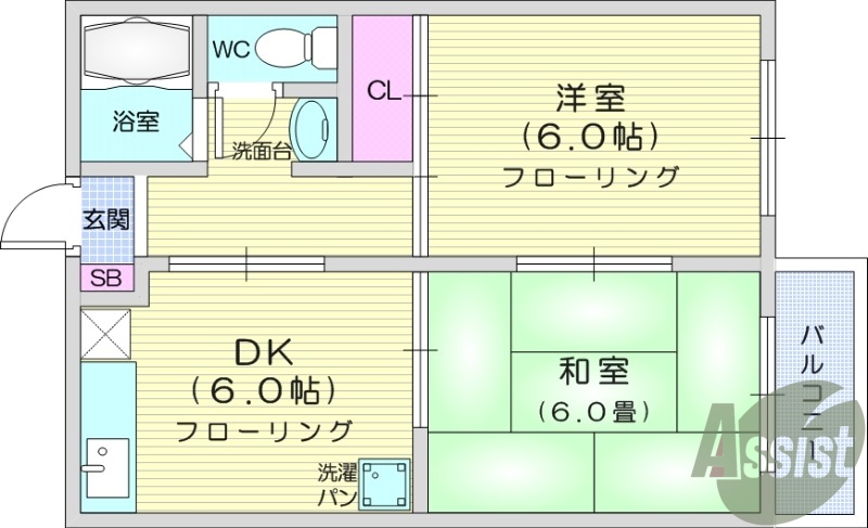 2DK、エアコン、室内洗濯機置き場、トイレ浴室別、収納