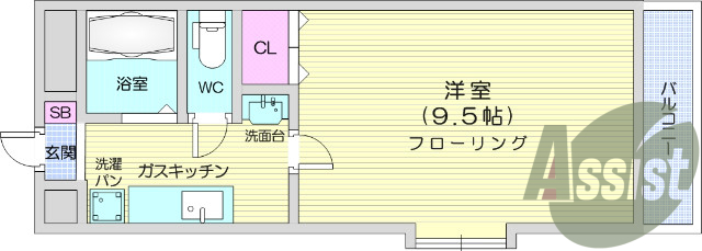1K、バルコニー、バストイレ別、