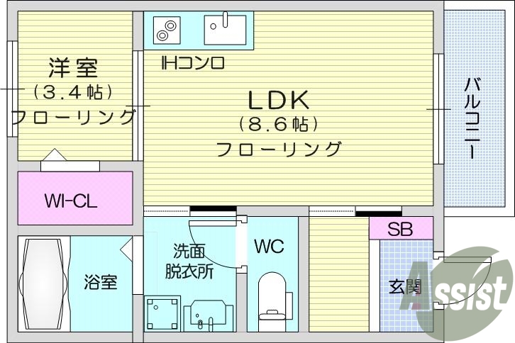 1LDK、エアコン、バルコニー、室内洗濯機置場
