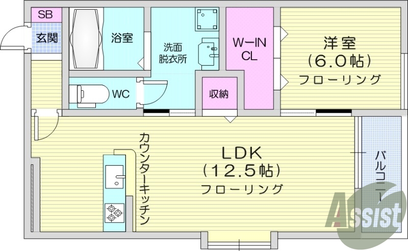 １LDK、カウンターキッチン、洗面脱衣所、エアコン