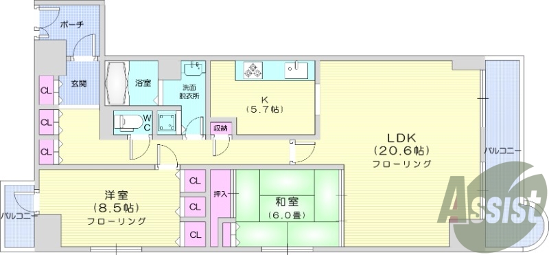 ２LDＫ，フローリング、エアコン、バルコニー