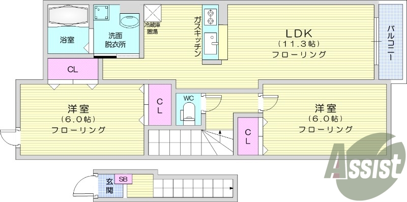 2LDK、エアコン、独立洗面台、フローリング