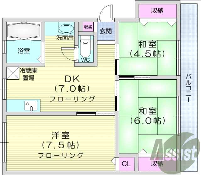 3DK、エアコン、B、T別、角部屋、南向き