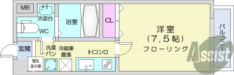 1K、BS、オール電化、モニターホン、システムキッチン