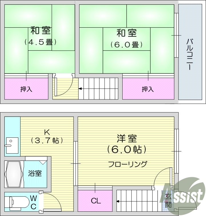 3K、フローリング、エアコン、バストイレ別