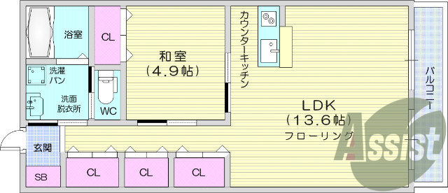1LDK、バストイレ別、室内洗濯機置き場