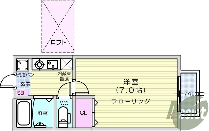 1Ｋ、バストイレ別、都市ガス、フローリング、エアコン