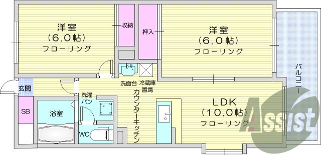 2LDK、追い焚き機能、独立洗面台、室内洗濯機置場