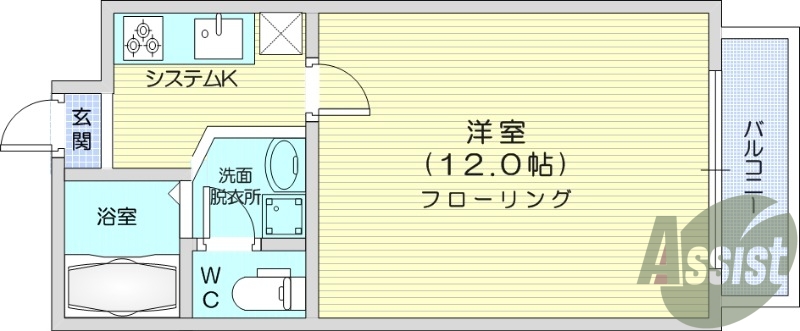 1K、バルコニー、システムキッチン、バストイレ別