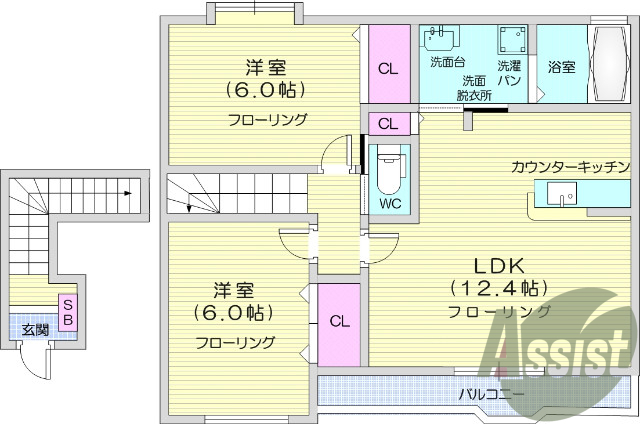 2LDK、モニター付きインターホン、ウォシュレット