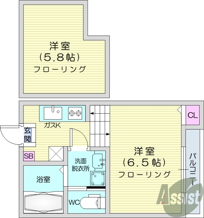 1K、ロフト付き、バルコニー付き、独立洗面化粧台