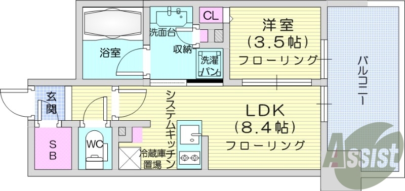 １LDK、浴室乾燥機、システムキッチン。オートロック