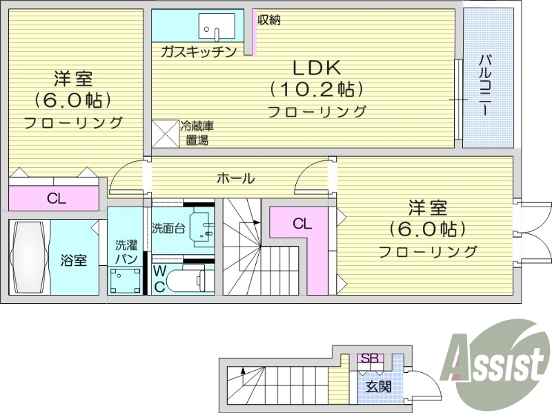 ２LDK、陽当たり良好、浴室乾燥機、独立洗面台、エアコン付き