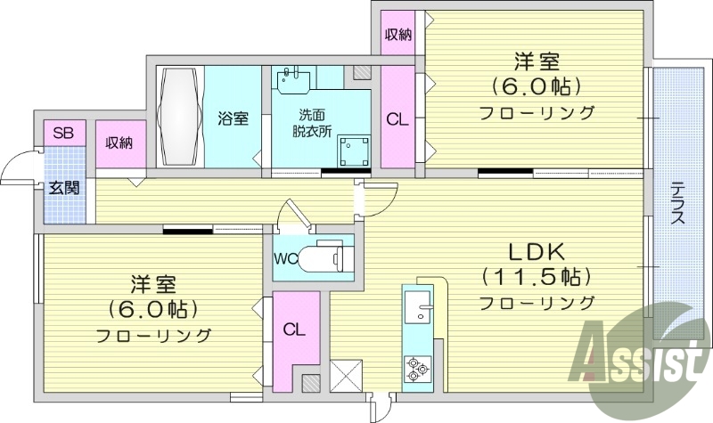 ２LDK、エアコン２基、ネット無料、都市ガス、宅配BOX