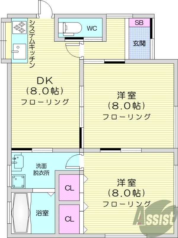 平屋、2DK、システムキッチン、