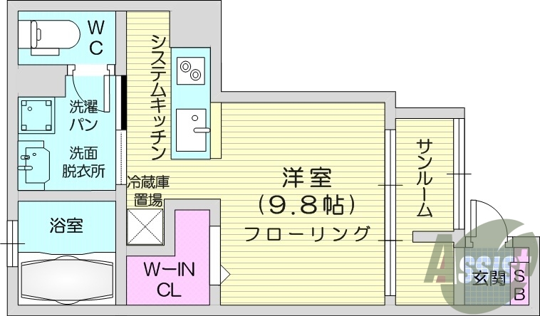 1K、独立洗面化粧台、バストイレ別、ウォークインクローゼット