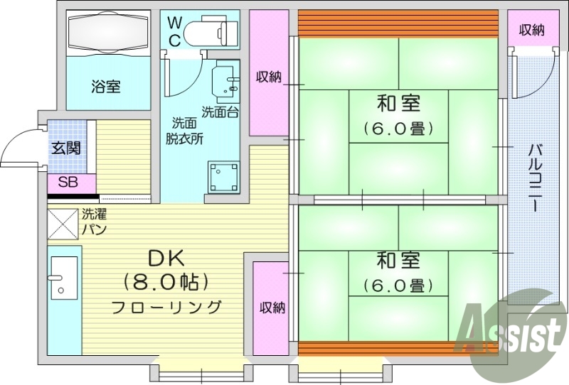 ２DK、南向き、バストイレ別、エアコン付き、収納スペース