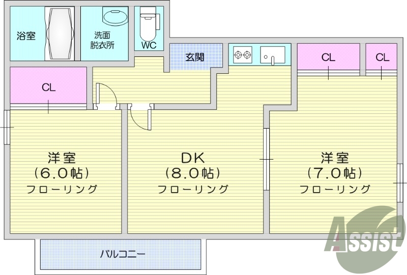 2DK、フローリング、室内洗濯機置場、バストイレ別