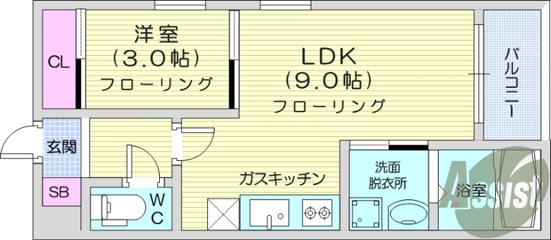 1LDK、ネット無料、バス停6分、浴室乾燥機