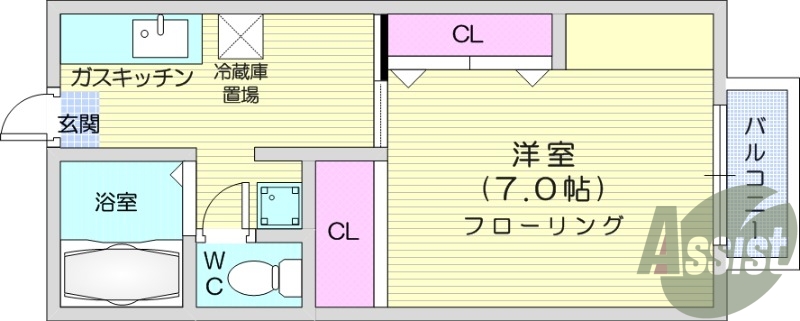 1K、エアコン、バストイレ別、プロパン、バルコニー
