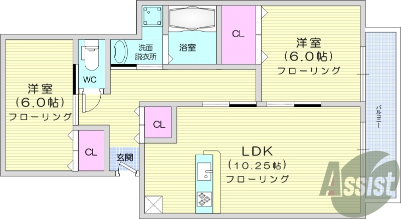 ２LDK、温水洗浄便座、室内洗濯機置き場、ババストイレ別