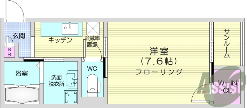 1K、インナーバルコニー、独立洗面台、浴室乾燥機