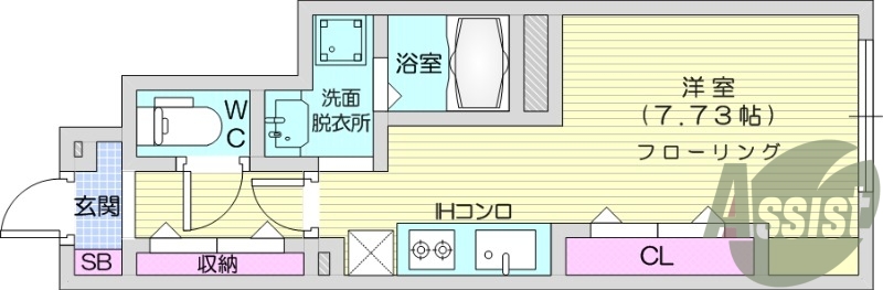 1R、エアコン、トイレ浴室別、クローベット、収納