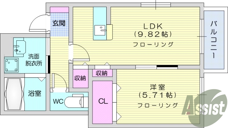 1LDK、エアコン、室内洗濯機置き場、トイレ浴室別、収納