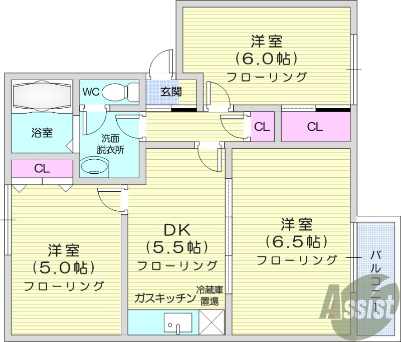 3DK、角部屋、独立洗面台、追い焚き機能、室内洗濯機置場