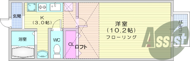 1ｋ、室内洗濯機置場、フローリング、ロフト