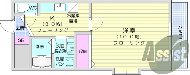 1K、エアコン、室内洗濯機置き場、トイレ浴室別
